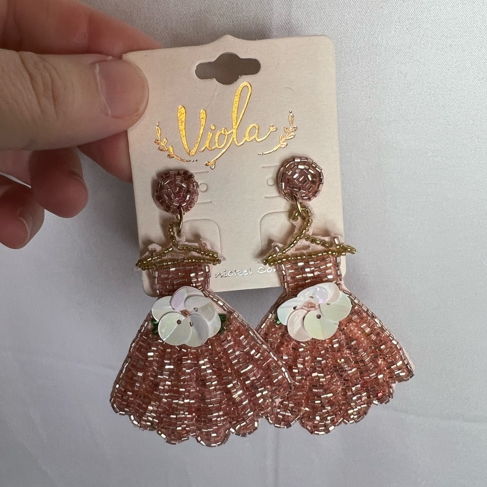 Viola Pink Beaded Earrings Dress on a Hangar with Flower Accent NWT
